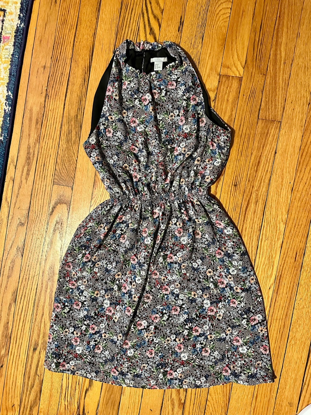 H&M Black Floral Print Dress with Pink, Blue & Green Accents
